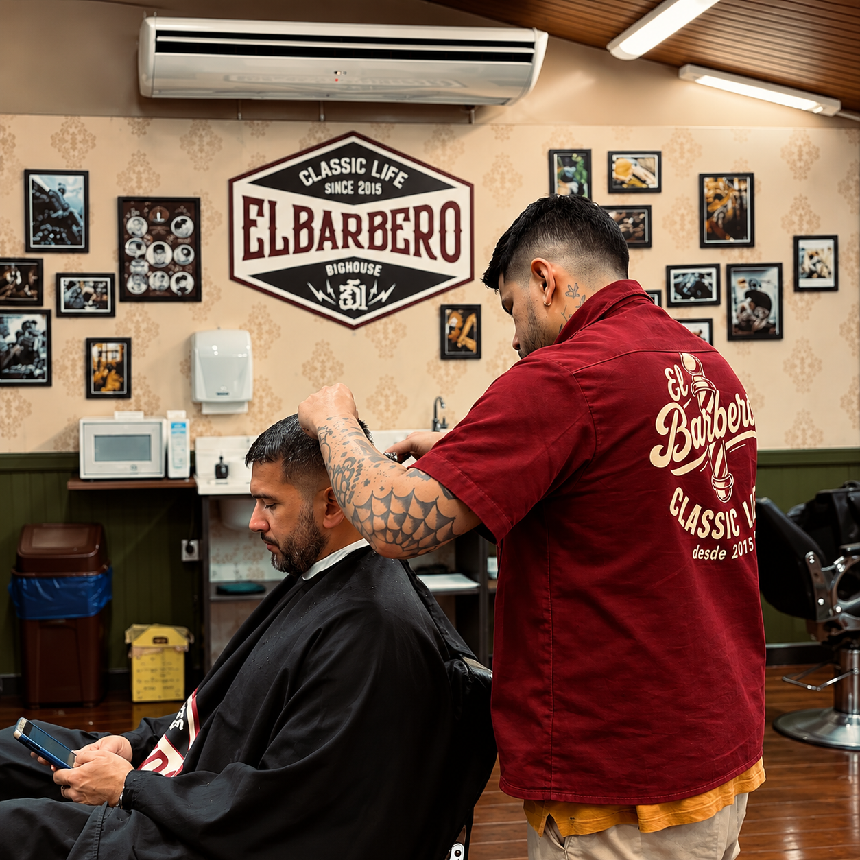Barbeiro atendendo cliente no interior da barbearia