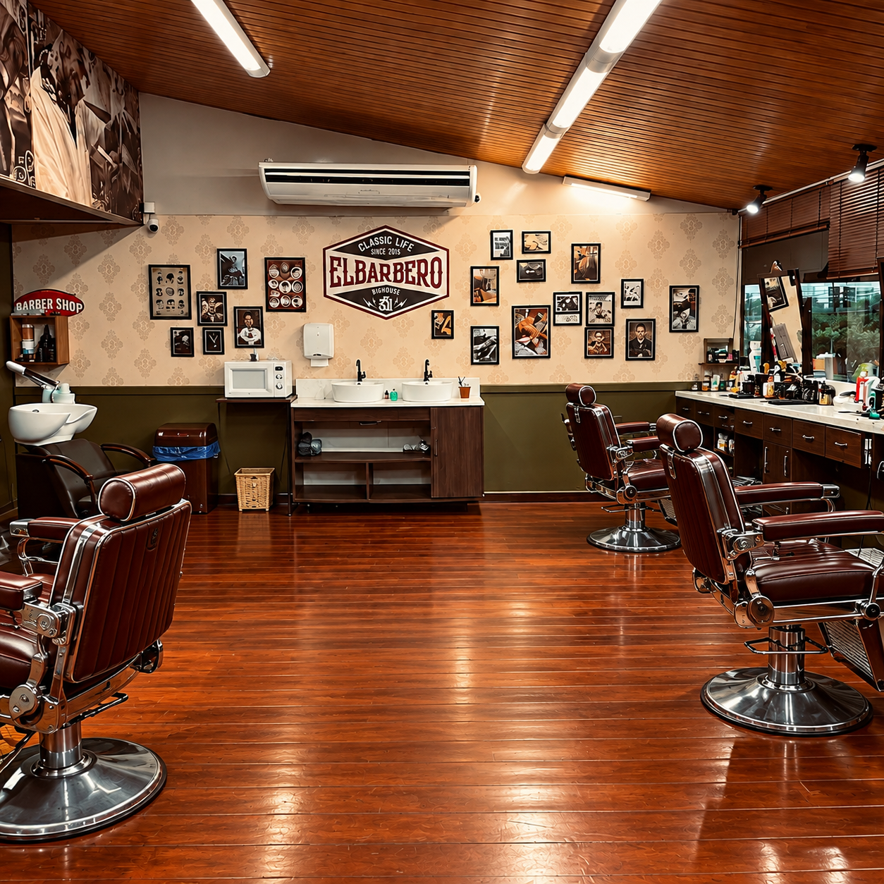 Interior da El Barbero com cadeiras clássicas de couro e madeira